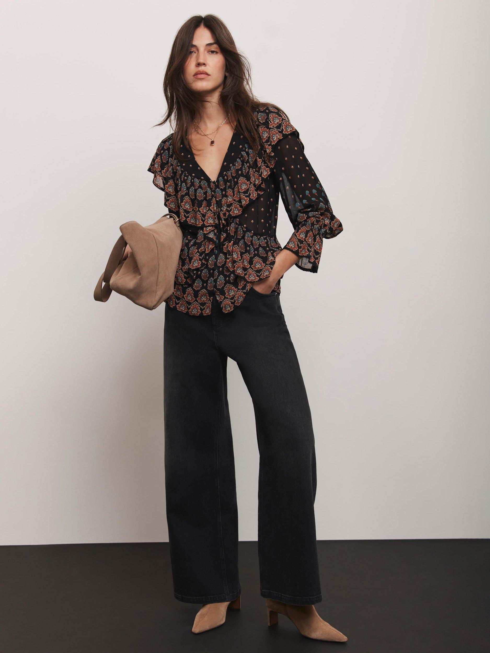 Product image 3 of 7, which shows Mint Velvet Abstract Paisley Ruffle Blouse, Black/Multi, XS