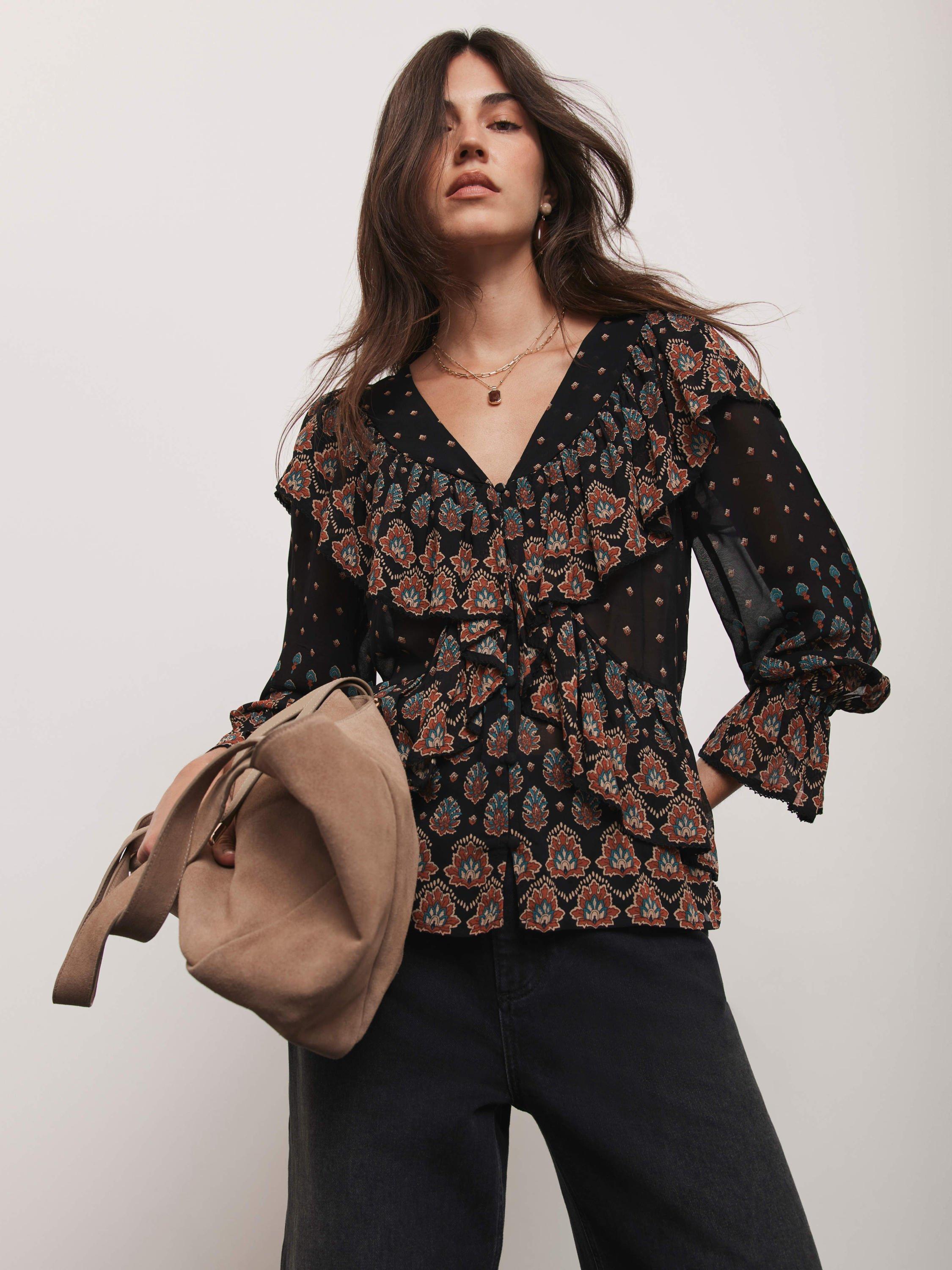 Product image 4 of 7, which shows Mint Velvet Abstract Paisley Ruffle Blouse, Black/Multi, XS