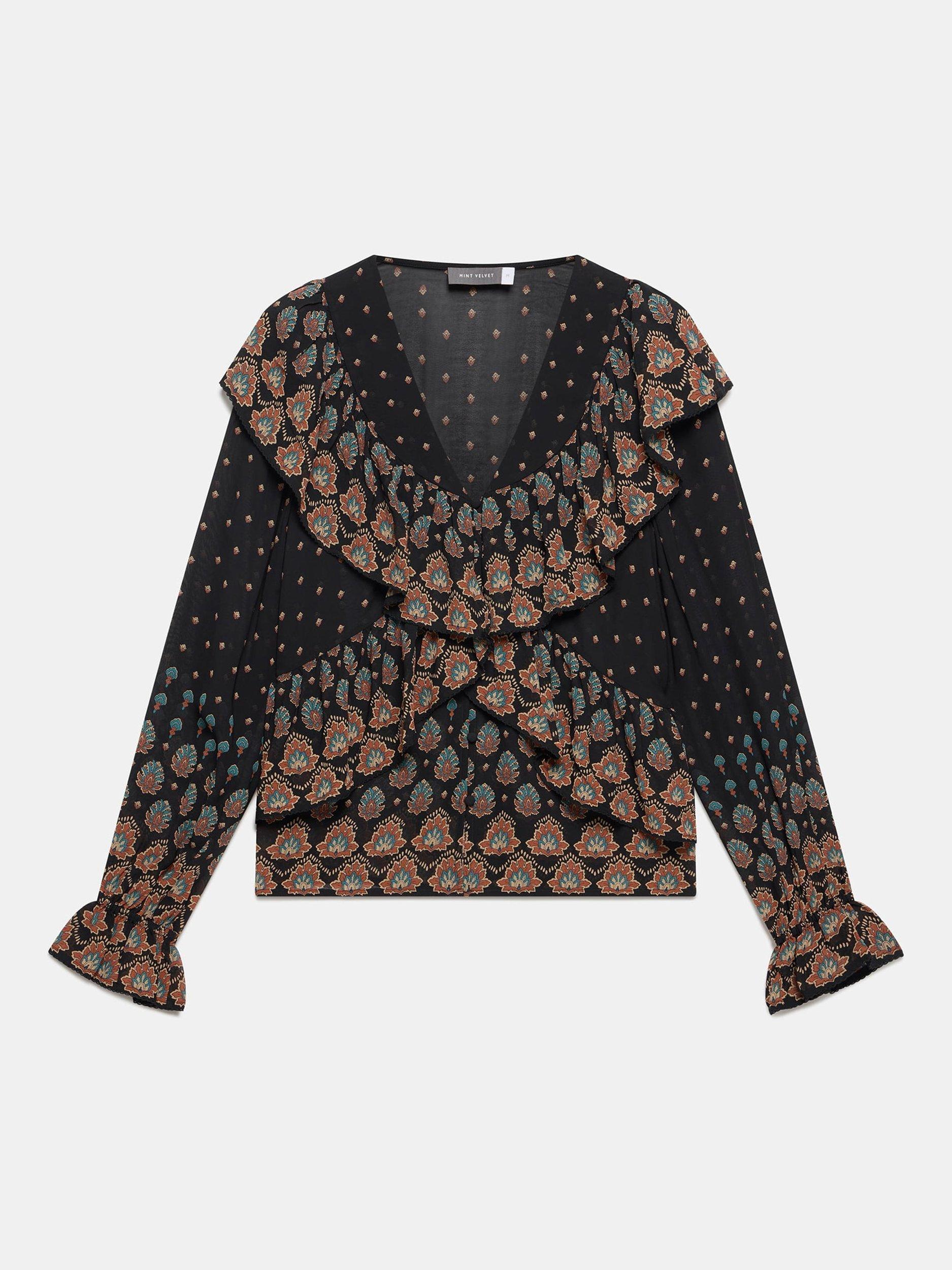Product image 5 of 7, which shows Mint Velvet Abstract Paisley Ruffle Blouse, Black/Multi, XS