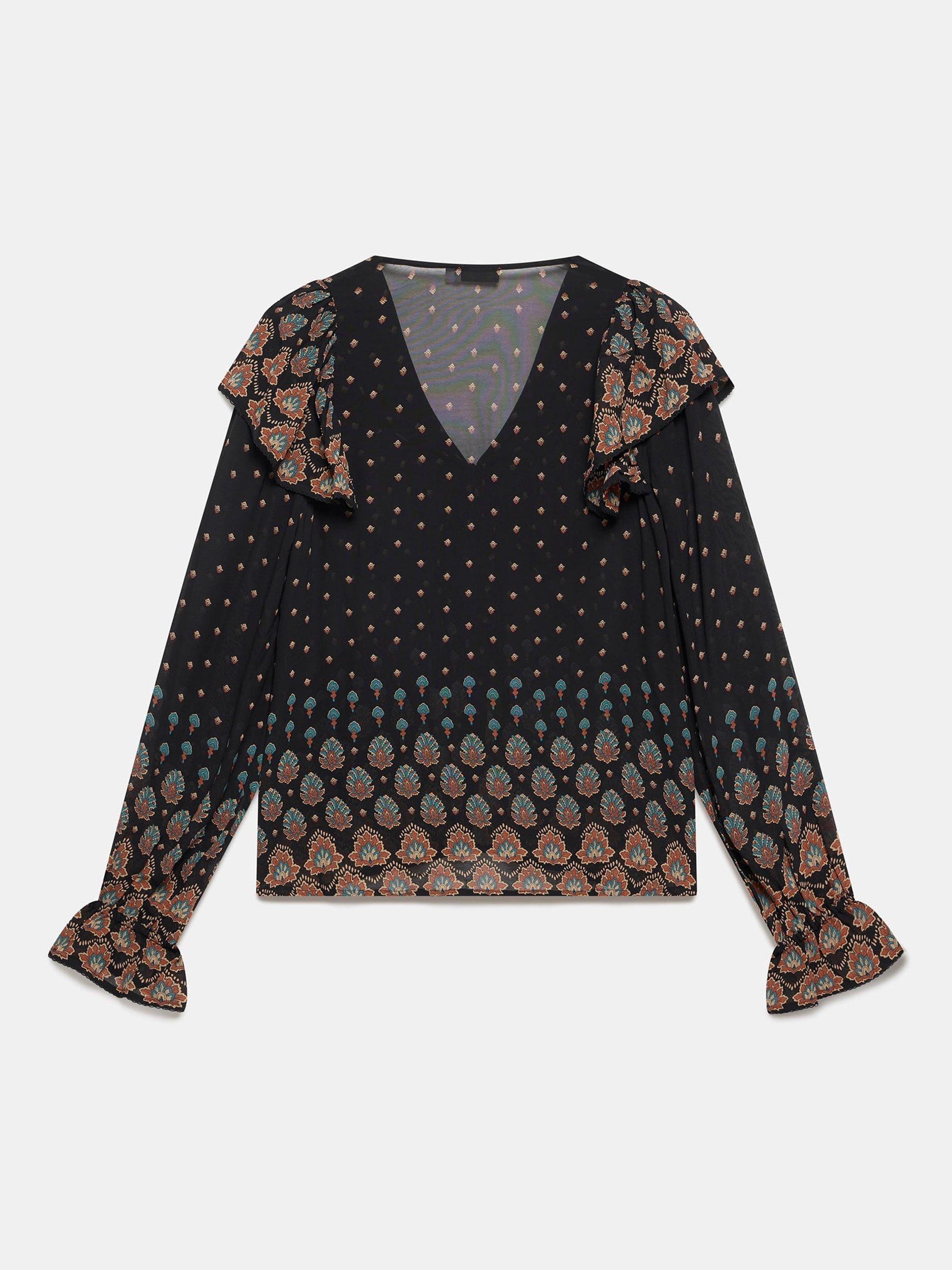 Product image 6 of 7, which shows Mint Velvet Abstract Paisley Ruffle Blouse, Black/Multi, XS