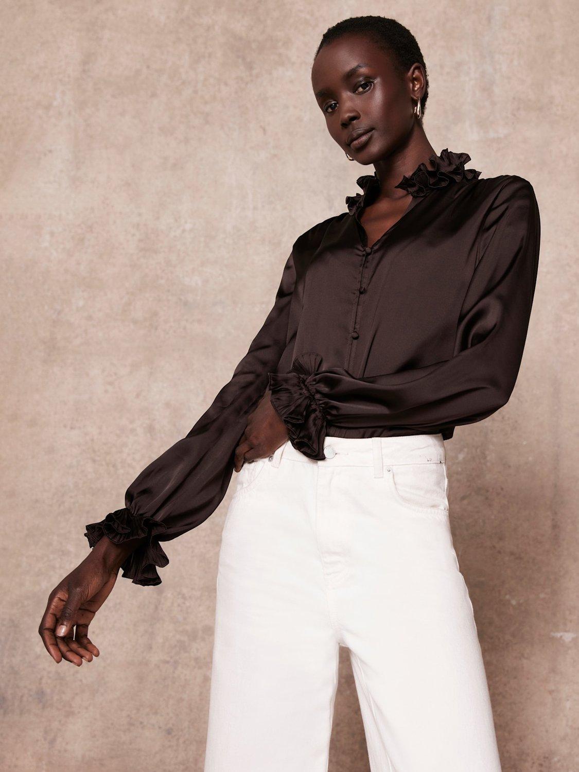 Product image 1 of 7, which shows Mint Velvet Ruffle Satin Blouse, Brown, M