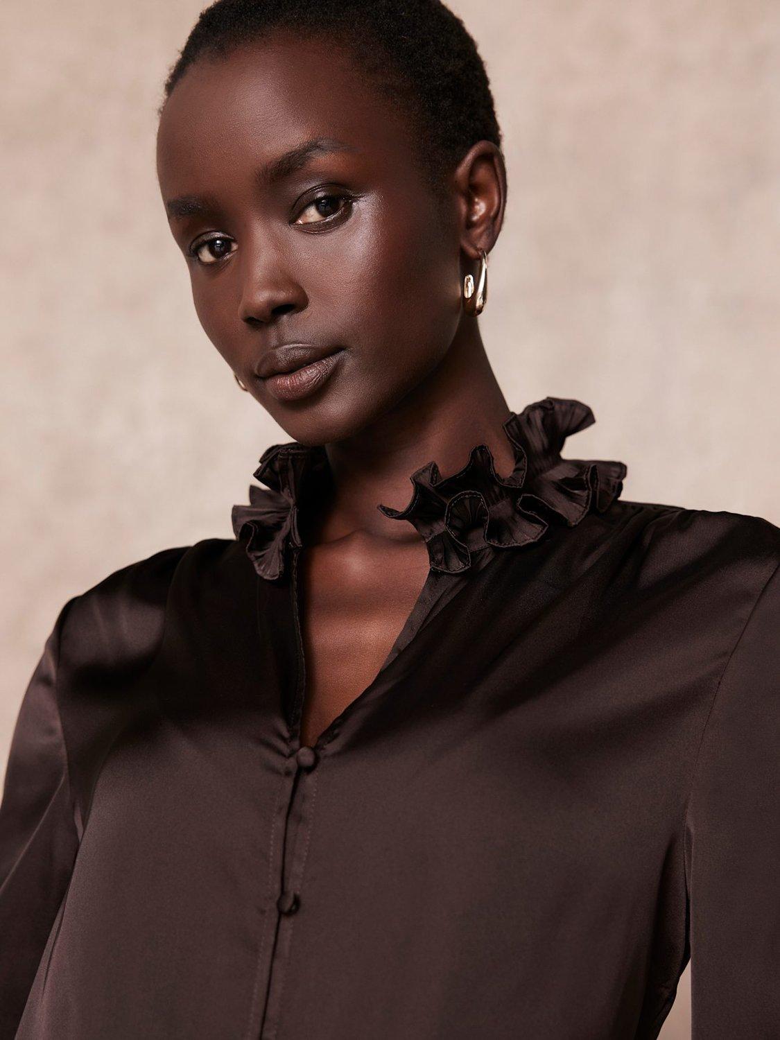 Product image 2 of 7, which shows Mint Velvet Ruffle Satin Blouse, Brown, M