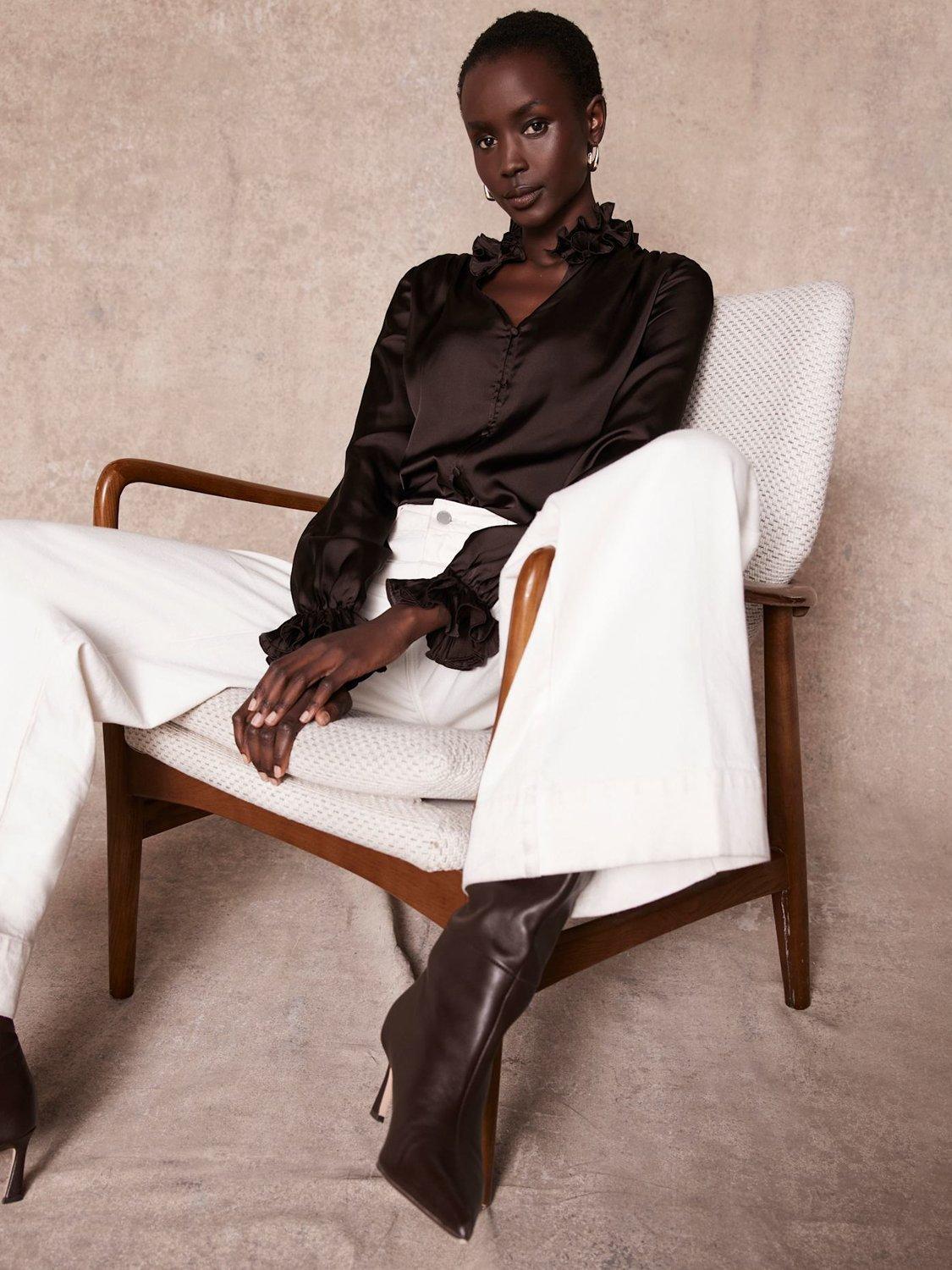 Product image 3 of 7, which shows Mint Velvet Ruffle Satin Blouse, Brown, M