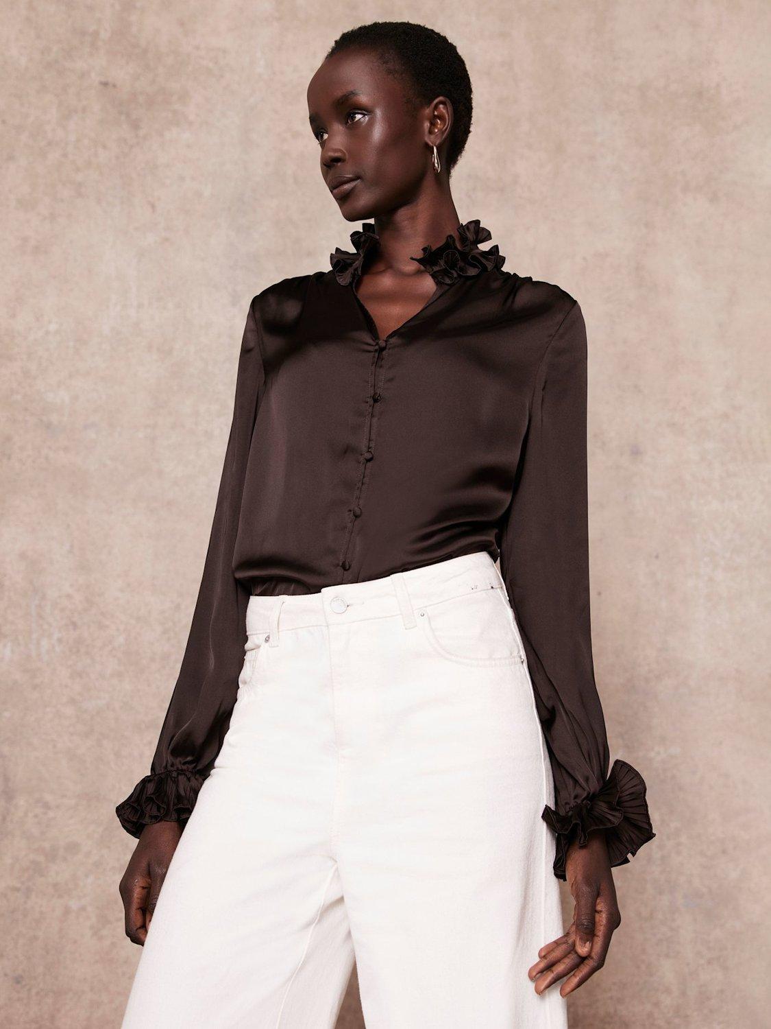 Product image 5 of 7, which shows Mint Velvet Ruffle Satin Blouse, Brown, M