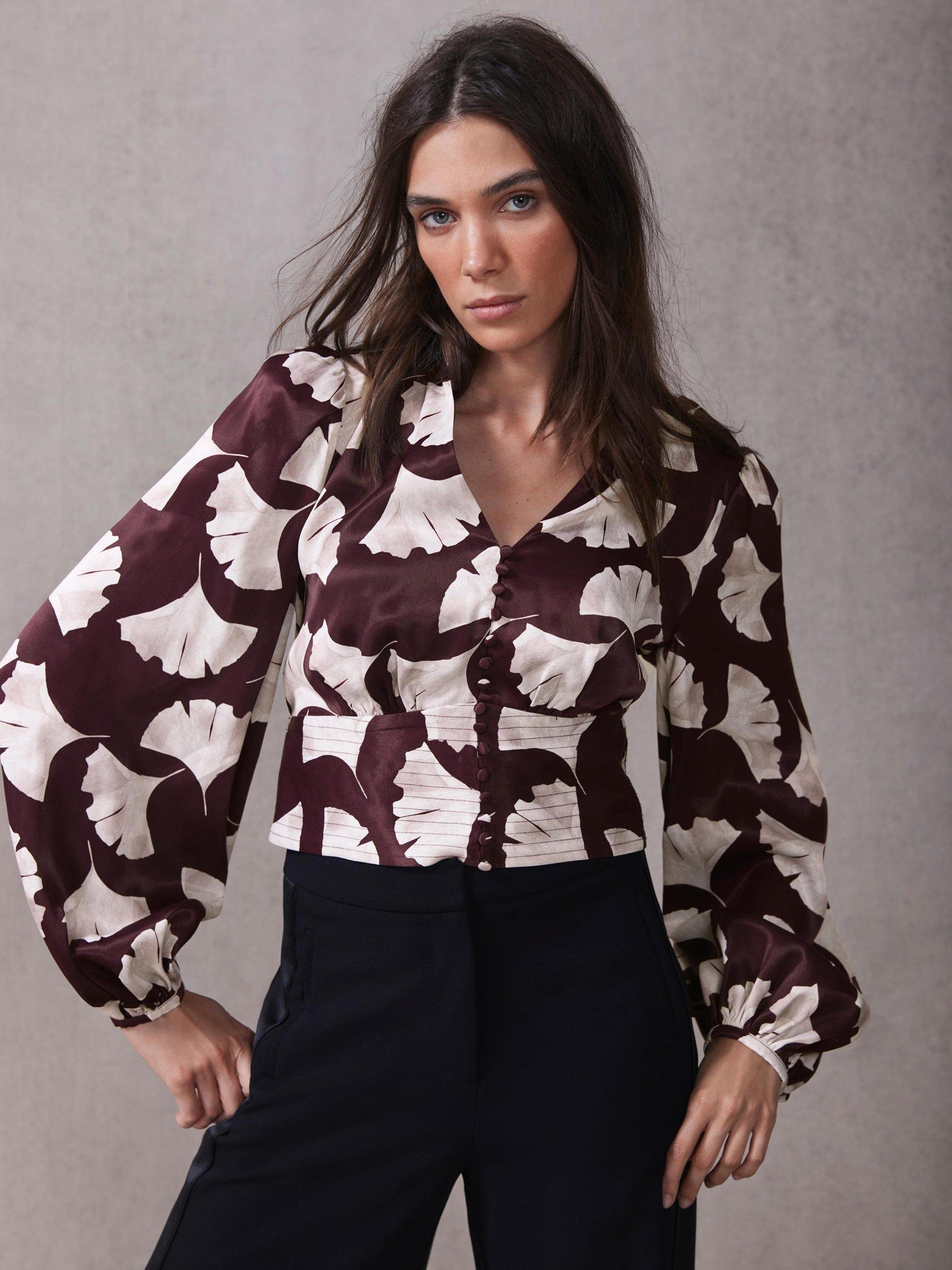 Product image 1 of 7, which shows Mint Velvet Gingko Leaf Print Top, Red Burgundy, 6