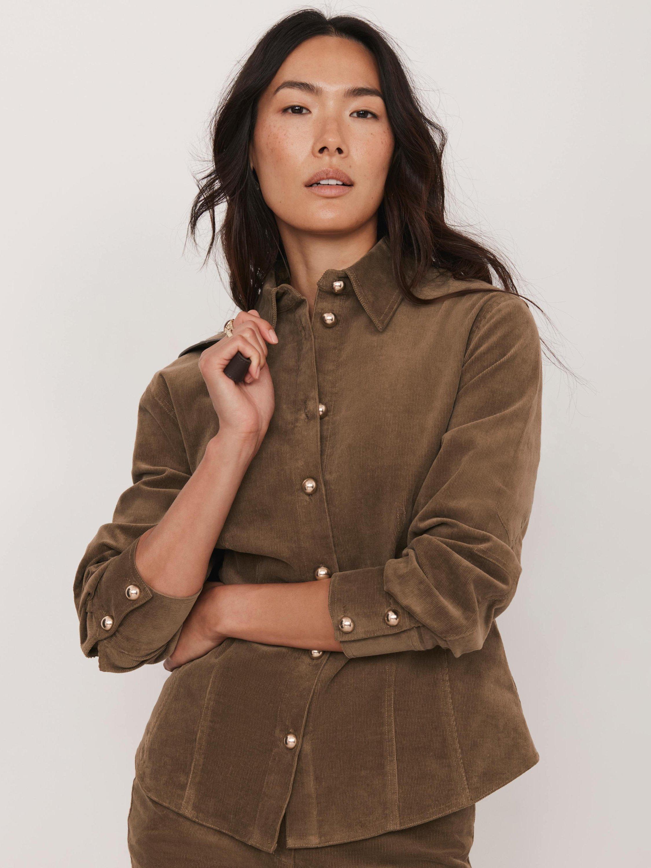 Product image 1 of 7, which shows Mint Velvet Fitted Corduroy Shirt, Brown, 10