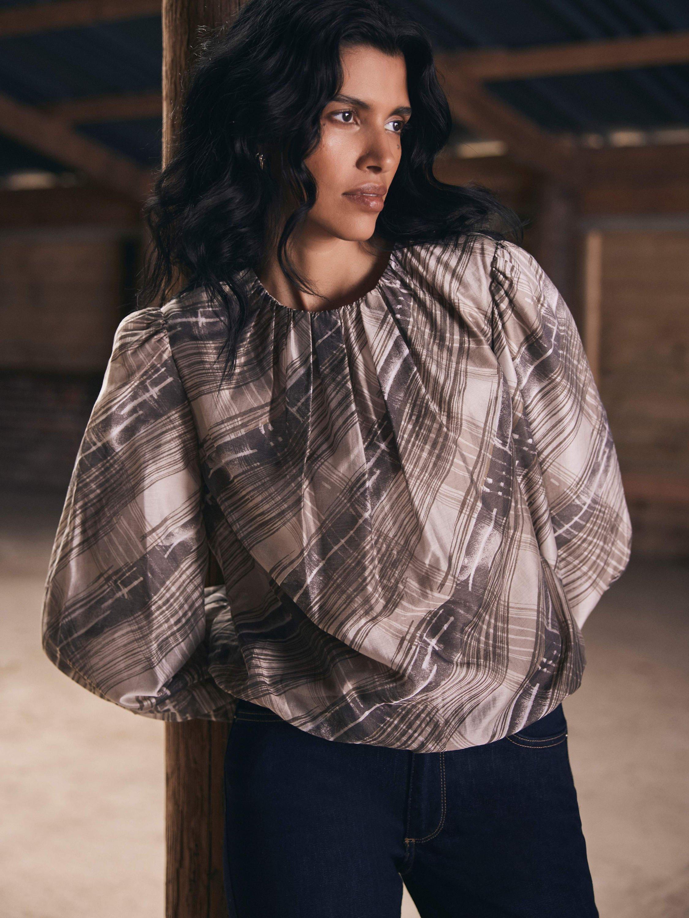 Product image 2 of 8, which shows Mint Velvet Check Print Blouse, Brown/Multi, XS