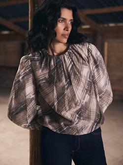 Mint Velvet Check Print Blouse, Brown/Multi - view 2, Brown/Multi