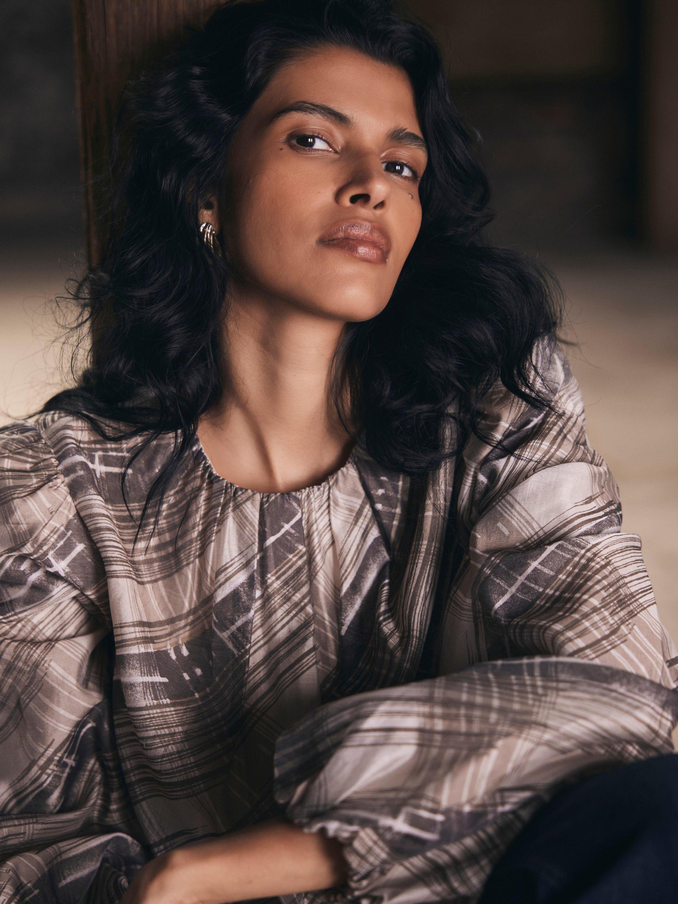 Product image 4 of 8, which shows Mint Velvet Check Print Blouse, Brown/Multi, XS