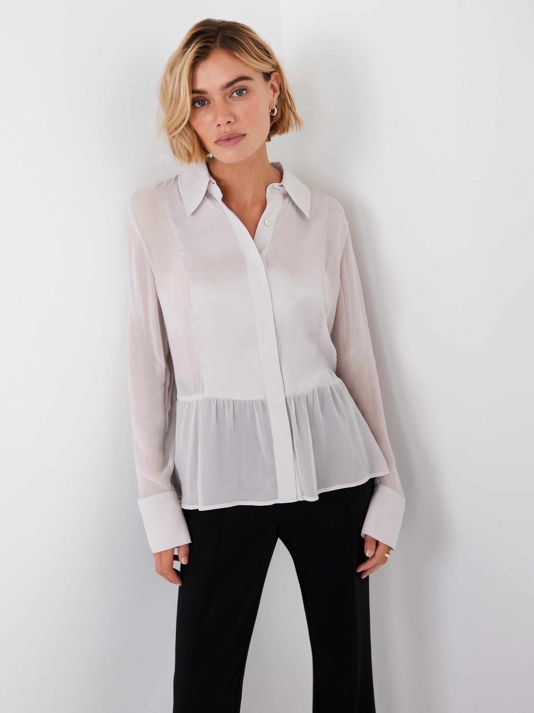 Product image 1 of 7, which shows Mint Velvet Sheer Satin Panel Shirt, Natural, M