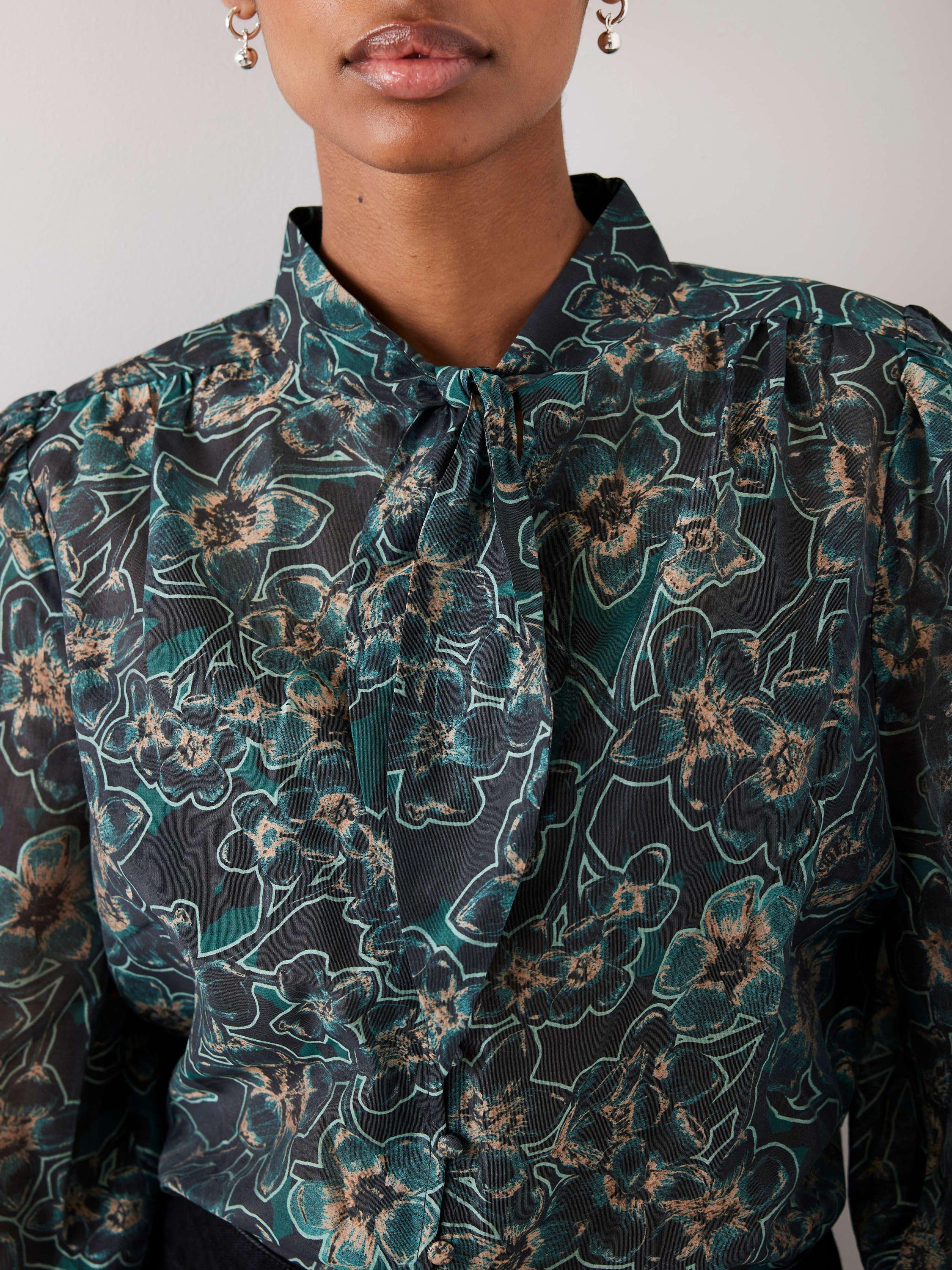 Product image 4 of 7, which shows Mint Velvet Floral Tie Neck Blouse, Green/Multi, M