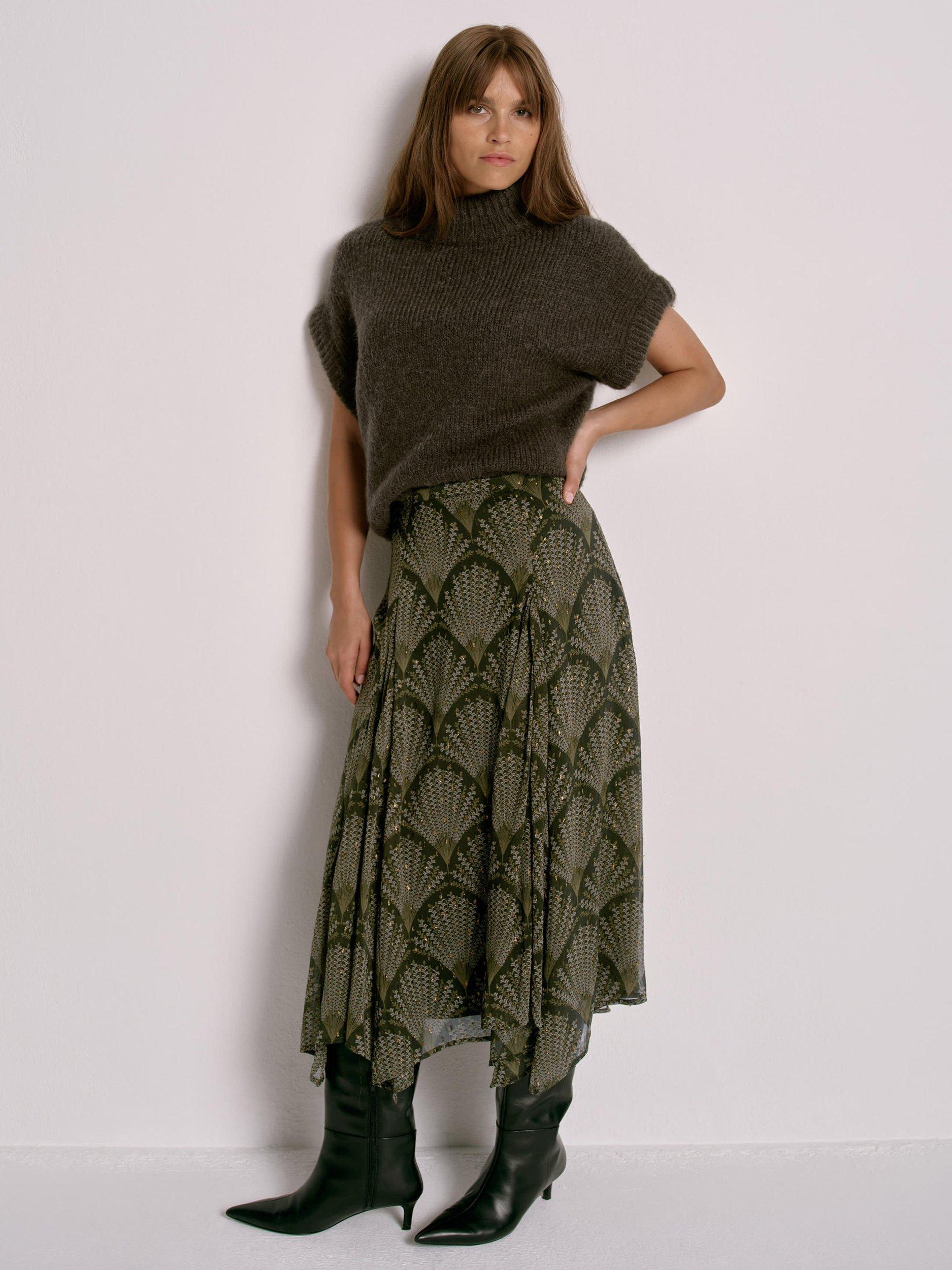 Mint Velvet Floral Print Midi Skirt, Khaki