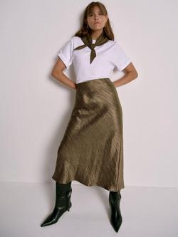 Mint Velvet Crinkle Midi Slip Skirt, Gold, Gold