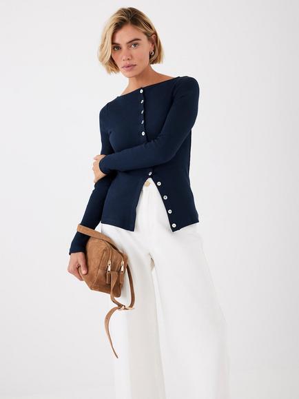 Mint Velvet Button Front Long Sleeve Top, Blue Navy, Blue Navy