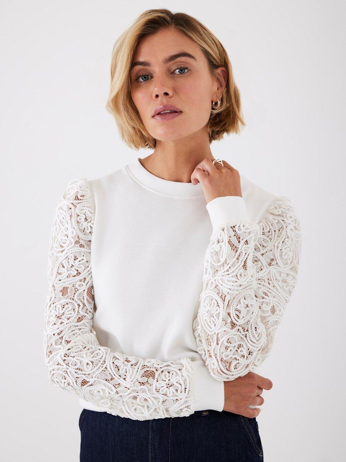 Mint Velvet Lace Sleeve Sweatshirt, White Ivory