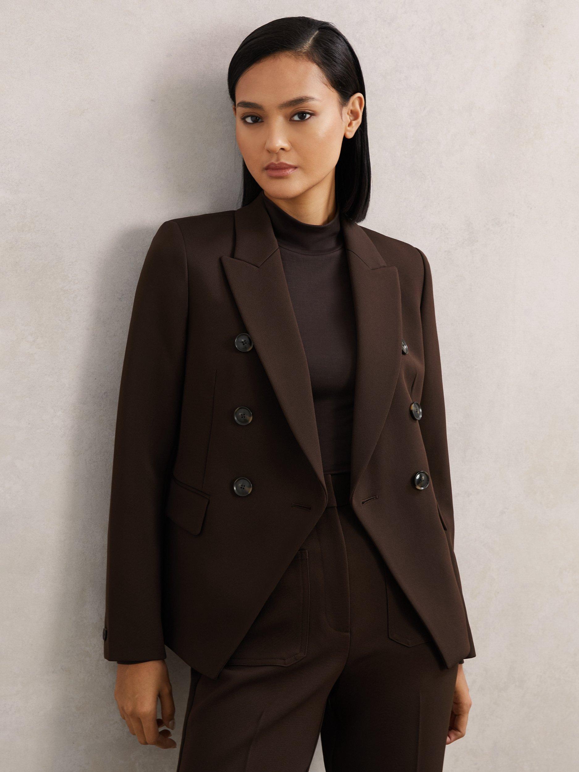 Product image 1 of 5, which shows Reiss Priya Twill Double-Breasted Blazer, Chocolate Brown, 10