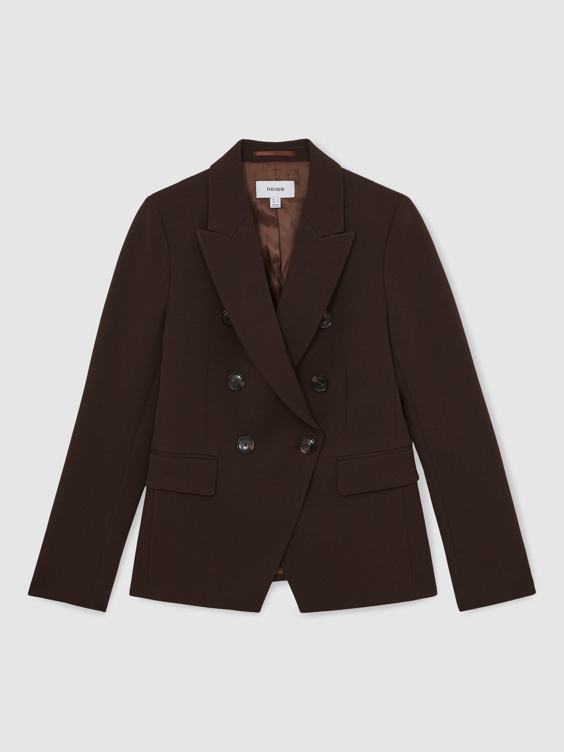 Product image 3 of 5, which shows Reiss Priya Twill Double-Breasted Blazer, Chocolate Brown, 10