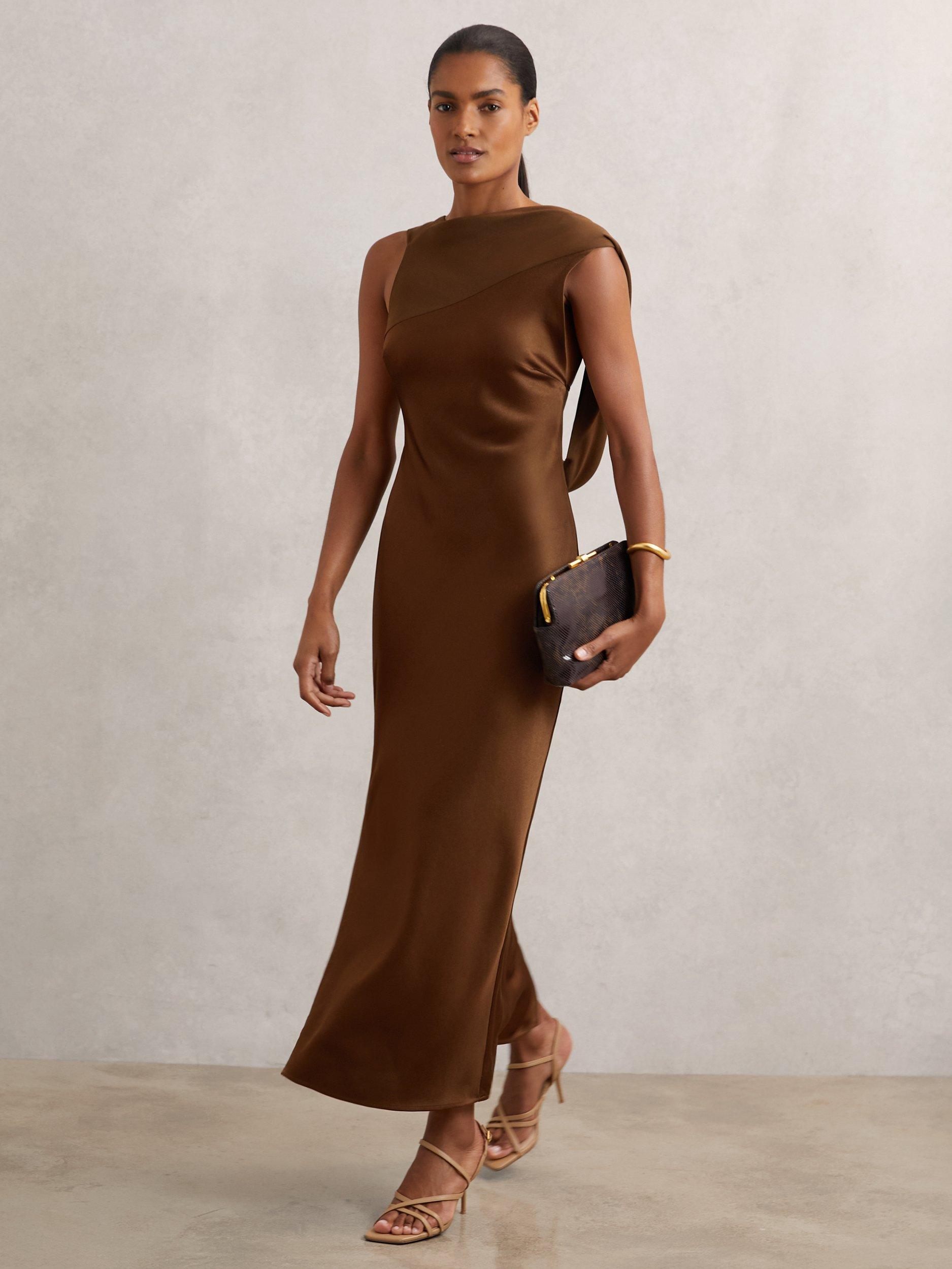 Product image 1 of 5, which shows Reiss Alula Tie Back Maxi Dress, Bronze, 10