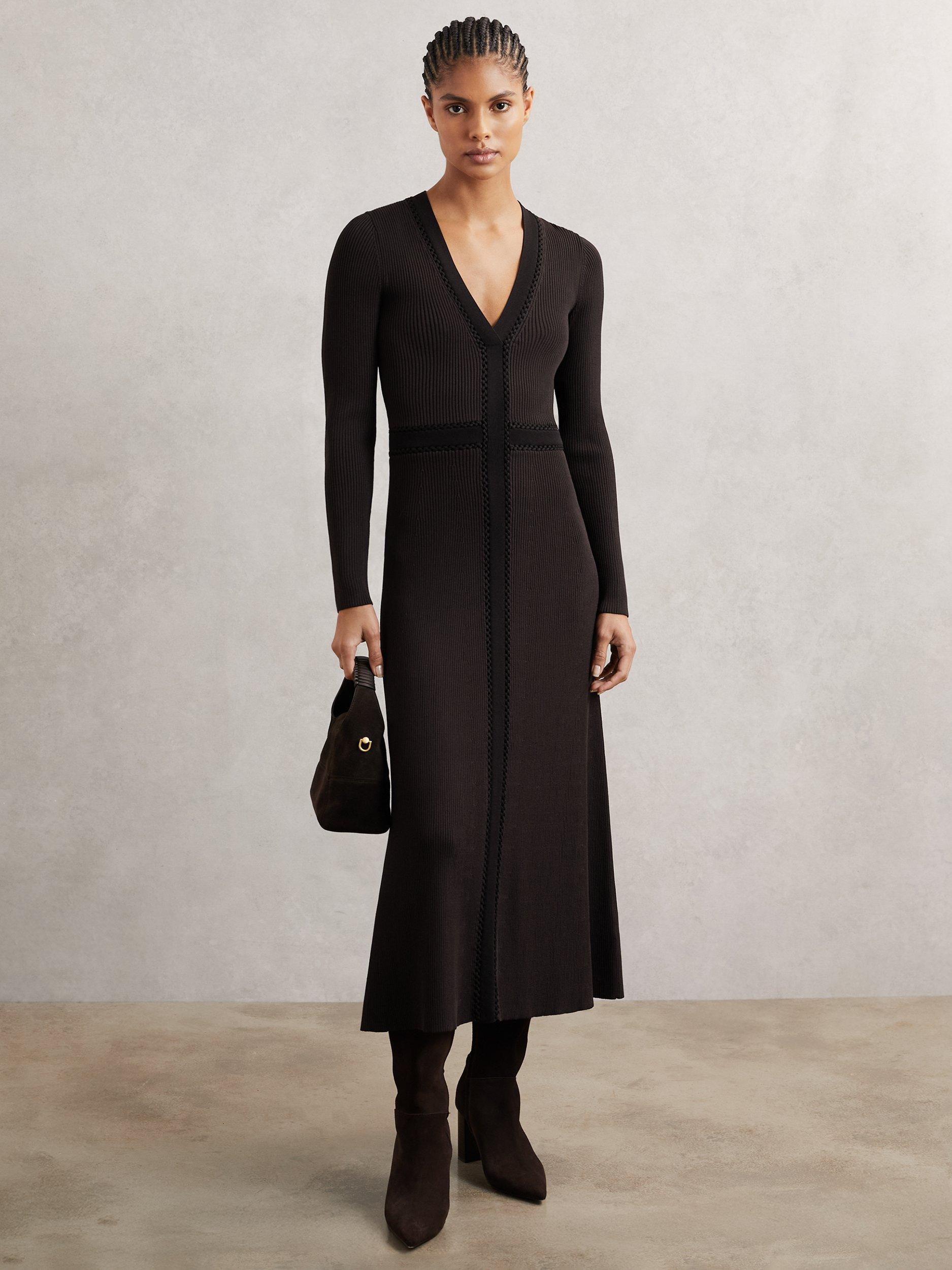 Reiss Laura Ribbed Midi Dress, Dark Brown