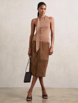 Reiss Miley Pure Suede Midi Skirt, Tan Brown, Tan Brown