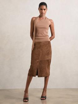 Reiss Miley Pure Suede Midi Skirt, Tan Brown - view 2, Tan Brown
