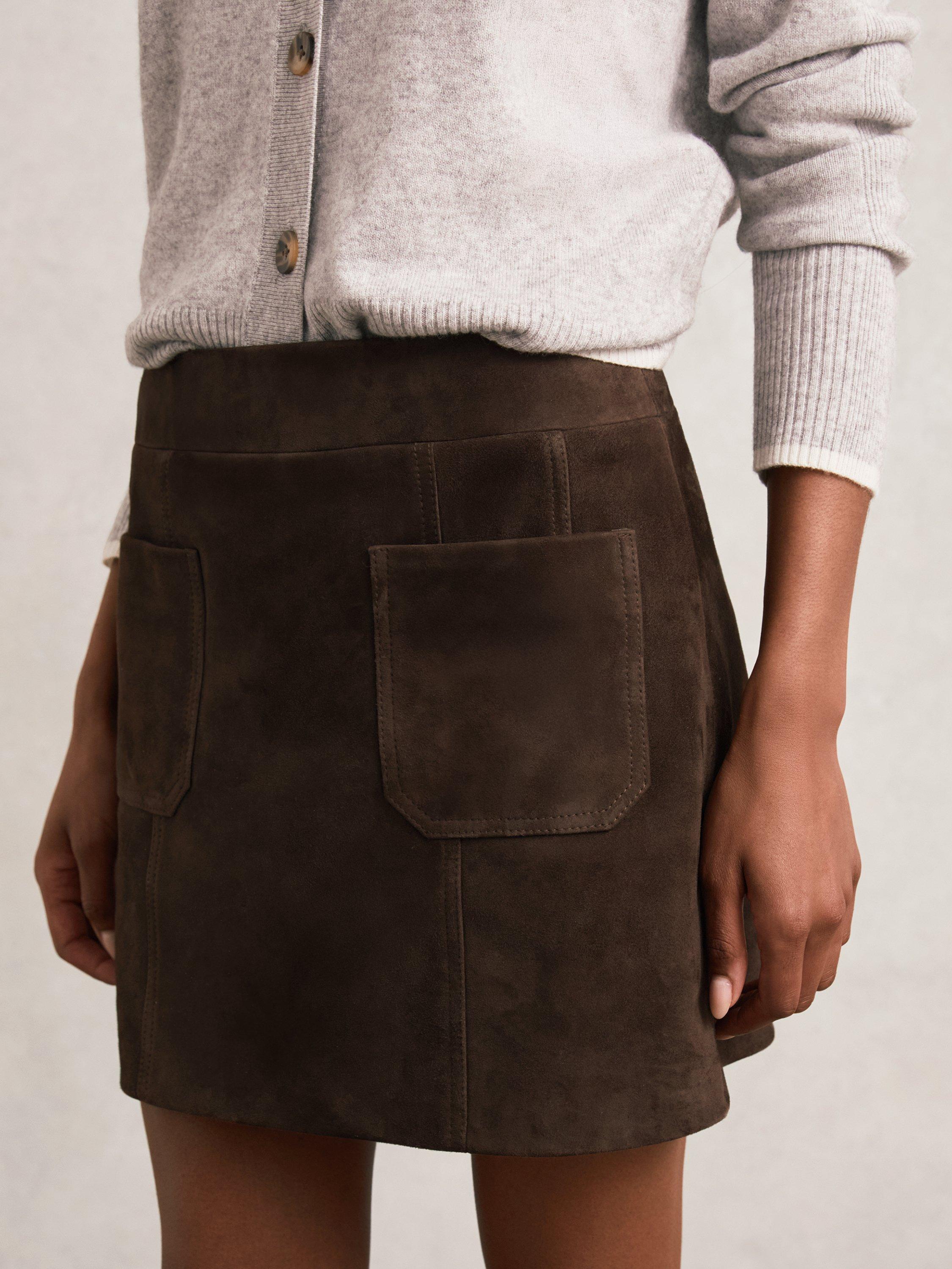 Product image 4 of 5, which shows Reiss Vida Pure Suede Mini Skirt, Chocolate Brown, 6