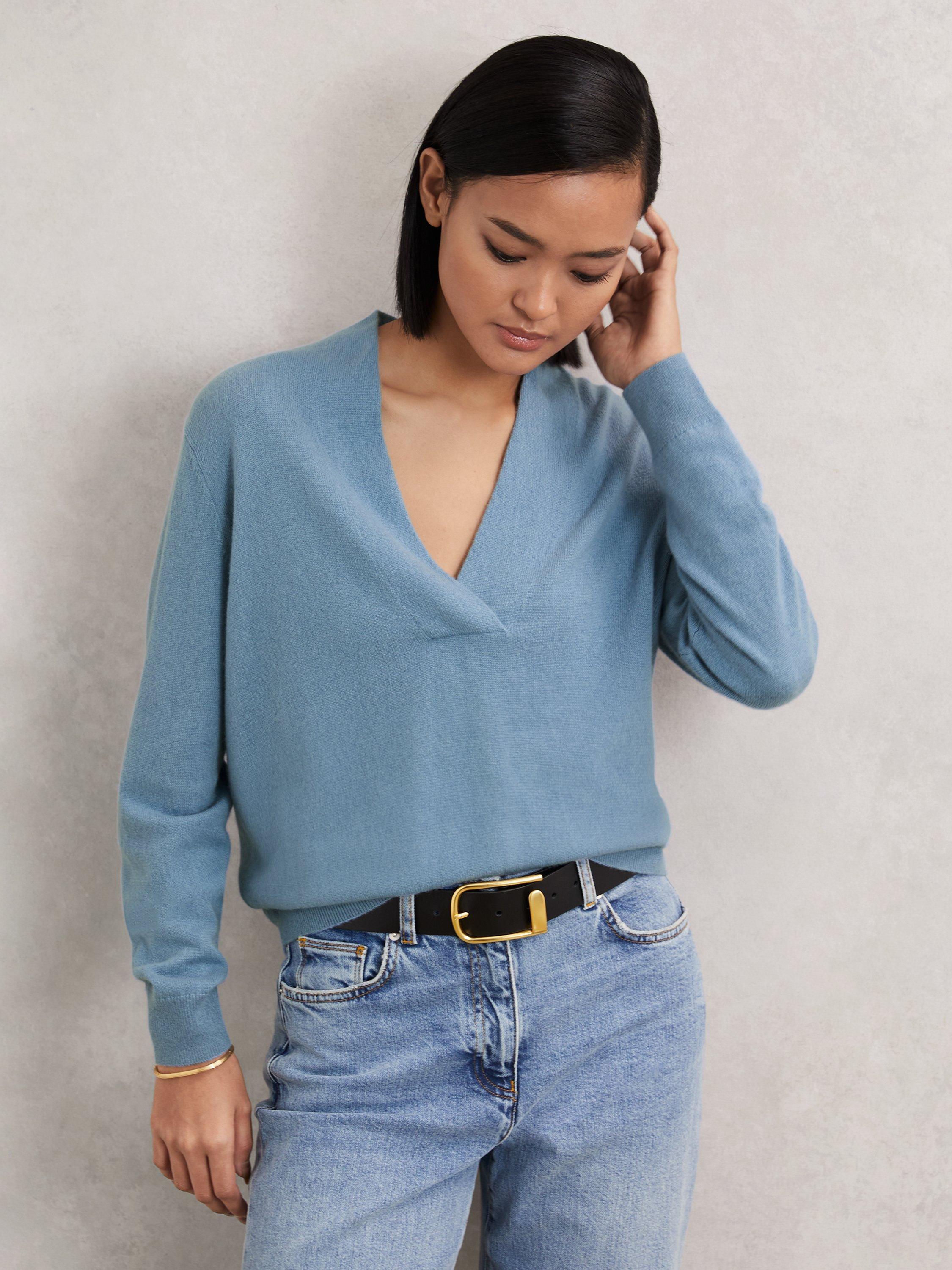 Product image 1 of 5, which shows Reiss Mia Pure Cashmere Jumper, Blue, XS