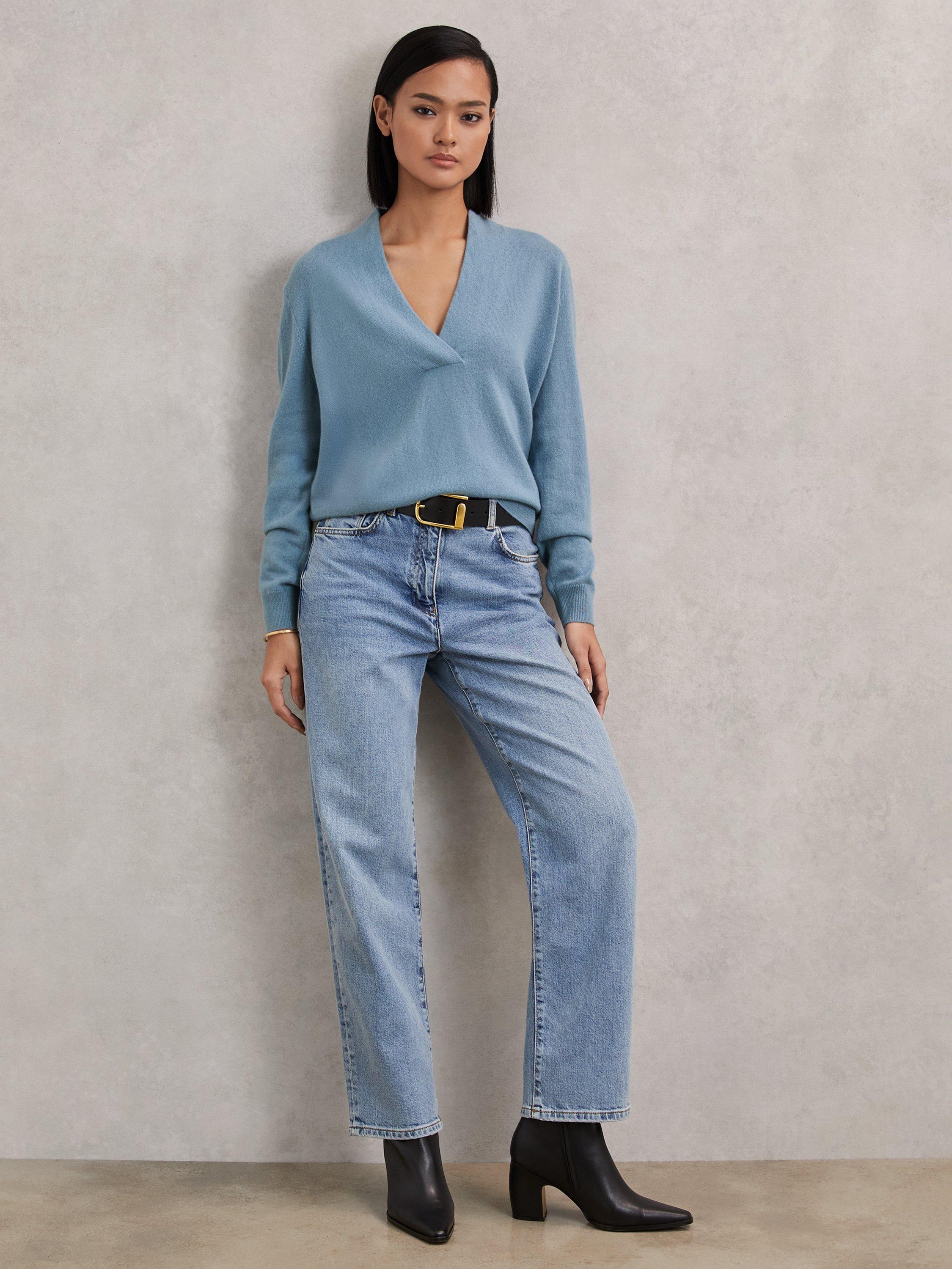 Product image 2 of 5, which shows Reiss Mia Pure Cashmere Jumper, Blue, XS