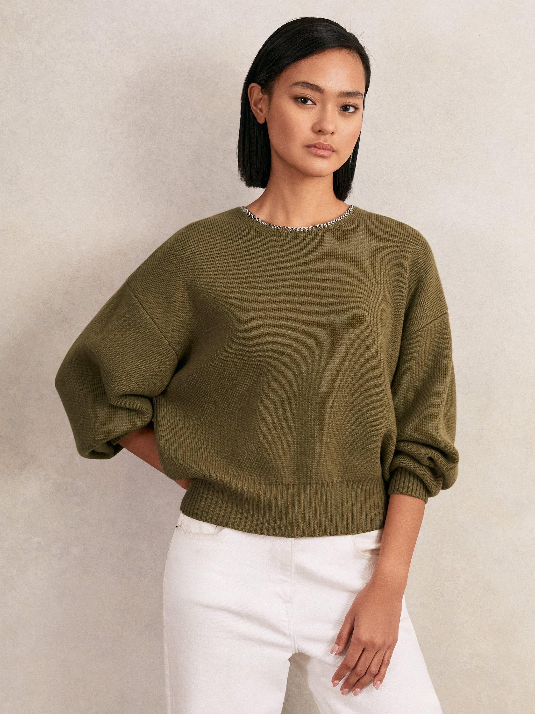 Reiss Nadia Embellished Neck Wool Blend Jumper, Sage Green