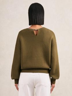Reiss Nadia Embellished Neck Wool Blend Jumper, Sage Green - view 2, Sage Green