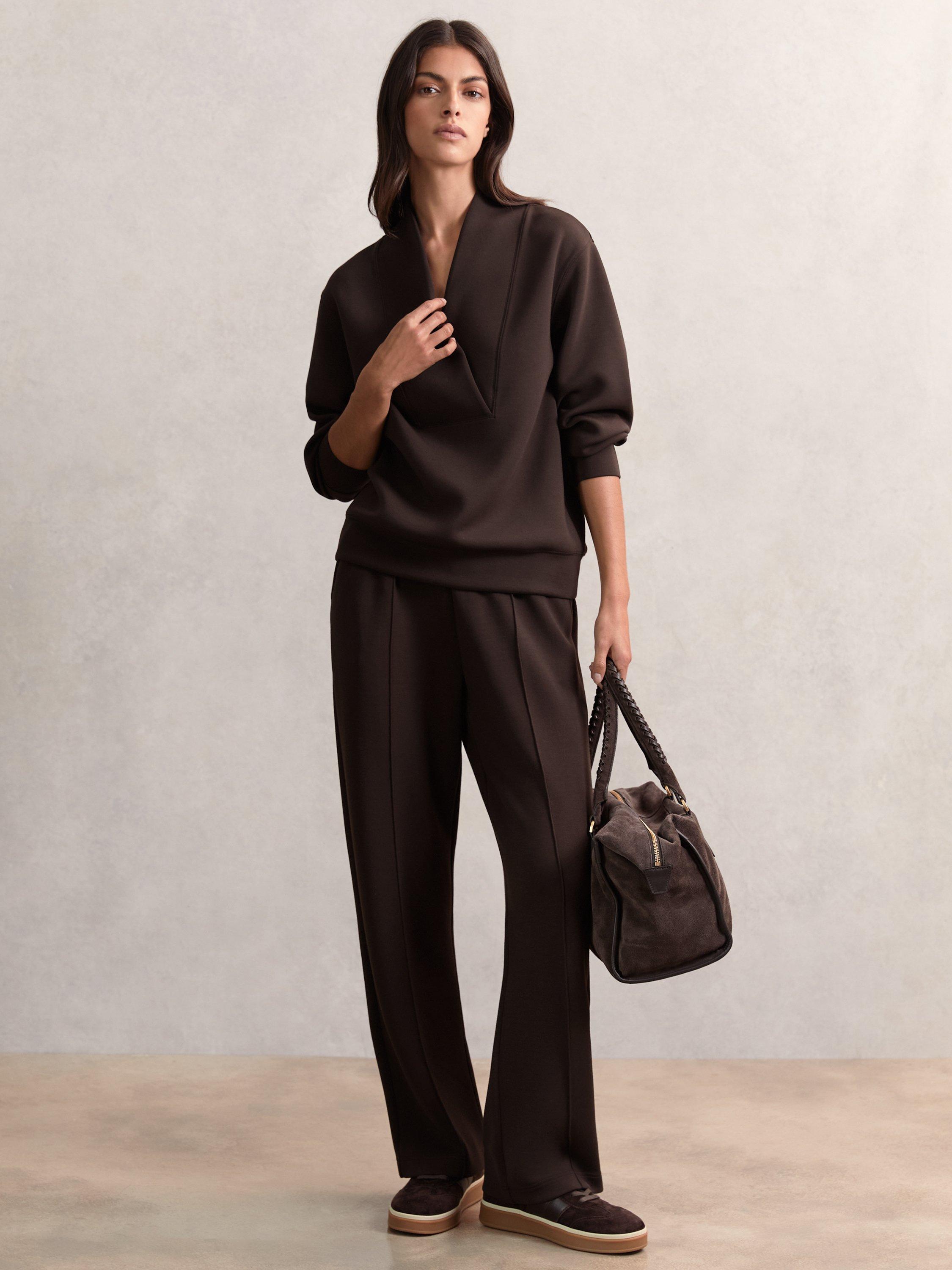 Product image 1 of 5, which shows Reiss Annabel Cross Neck Top, Dark Chocolate, XS