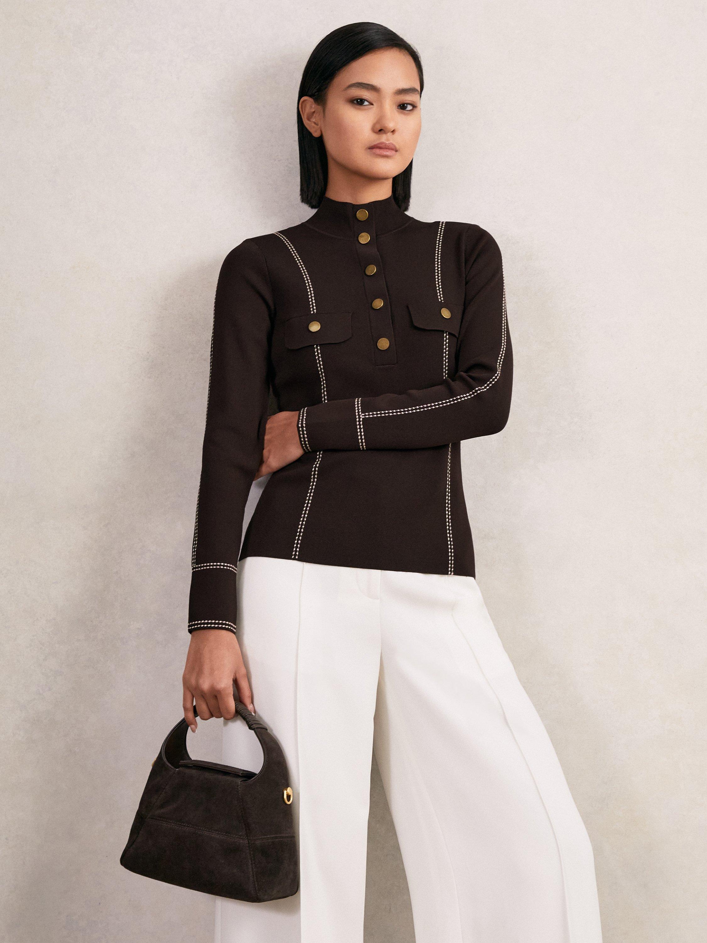 Product image 1 of 5, which shows Reiss Eva Button Detail Top, Burgundy, XS