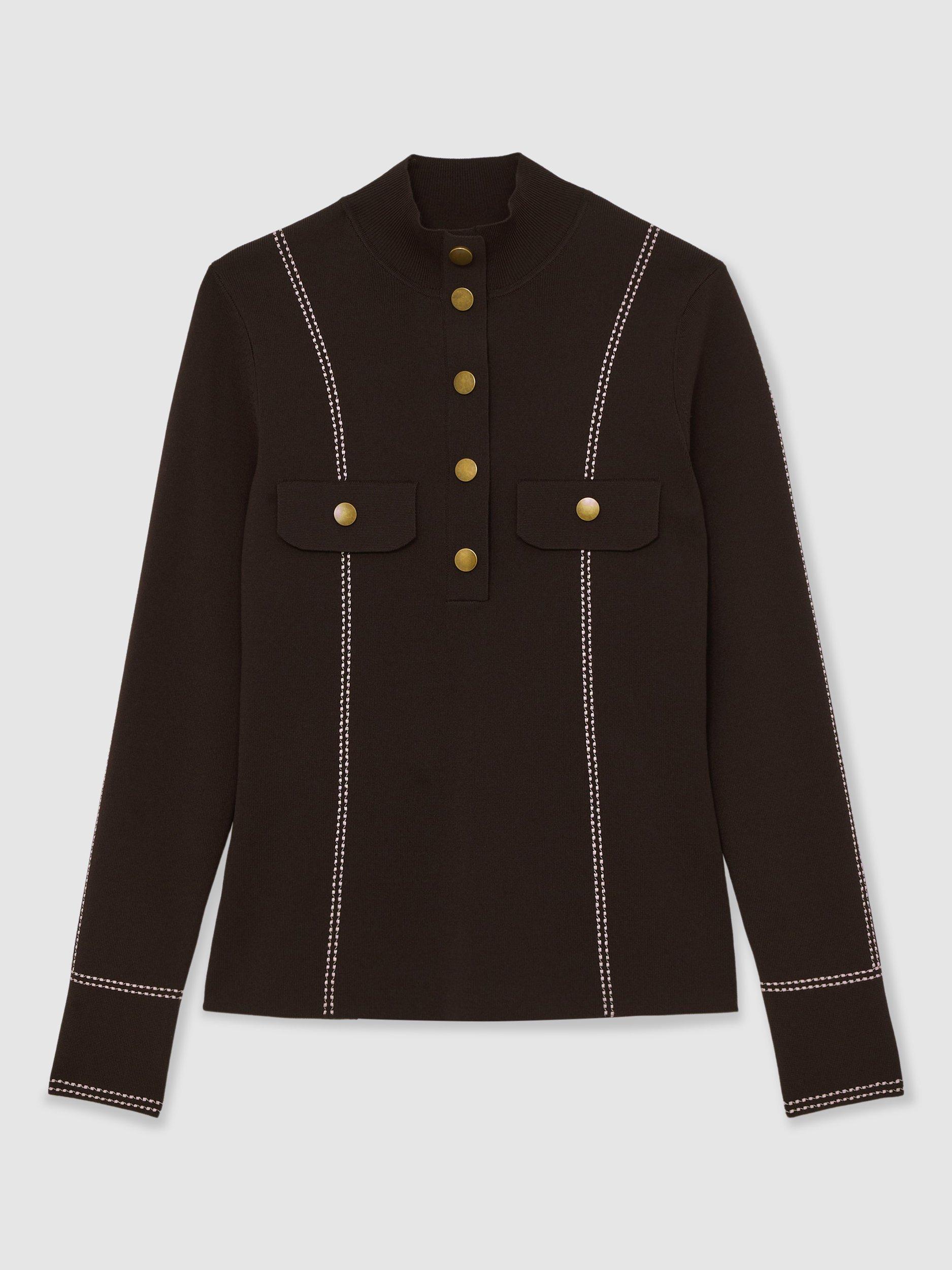 Product image 3 of 5, which shows Reiss Eva Button Detail Top, Burgundy, XS