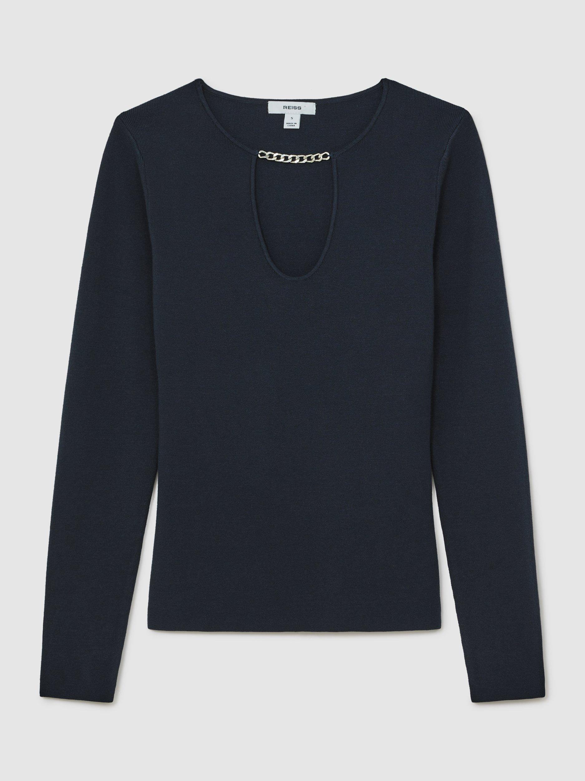 Product image 3 of 5, which shows Reiss Tilly Keyhole Cut Out Knit Top, Navy, XS