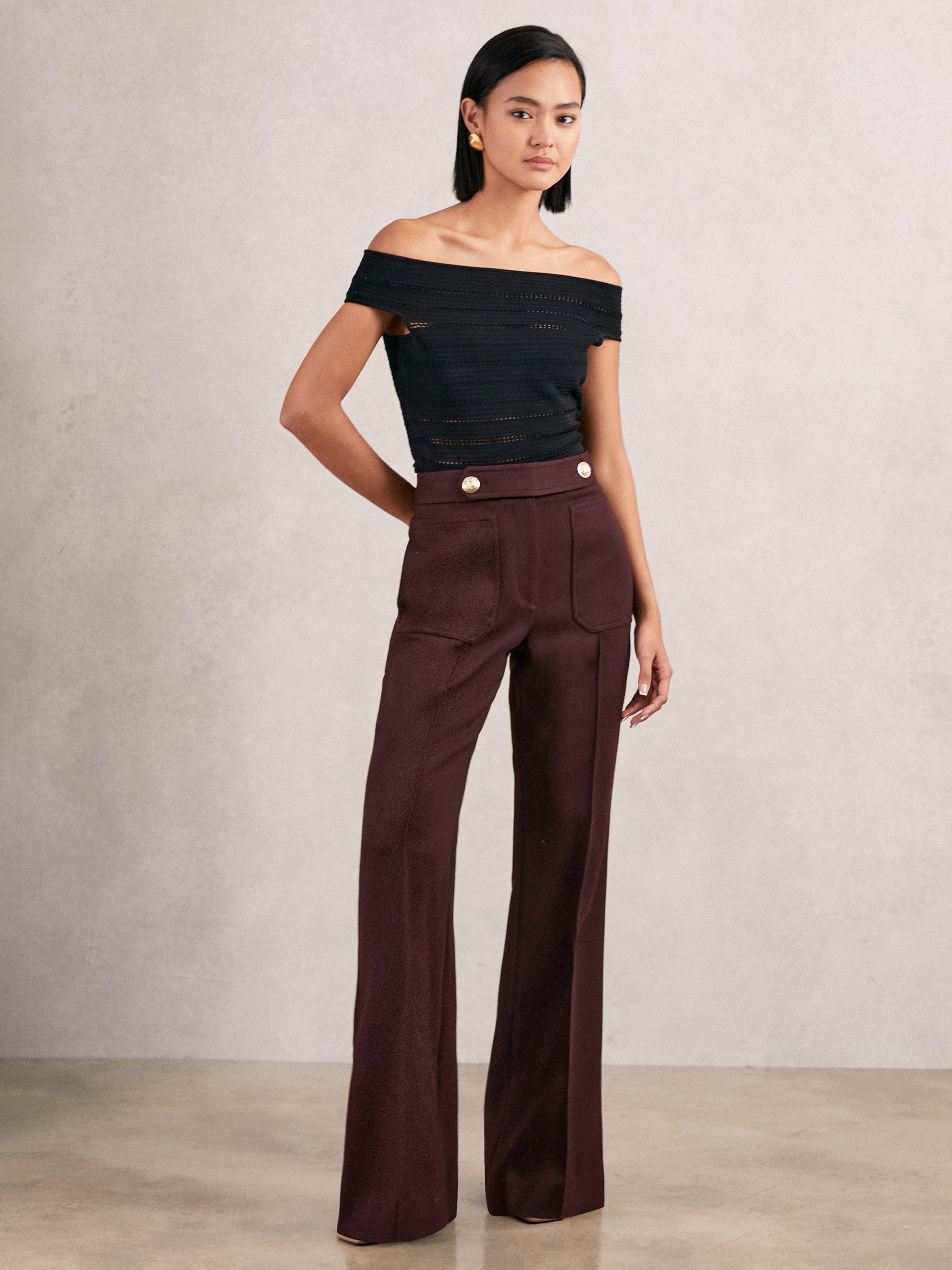 Product image 1 of 5, which shows Reiss Lily Wool Blend Flared Trousers, Burgundy, 8R
