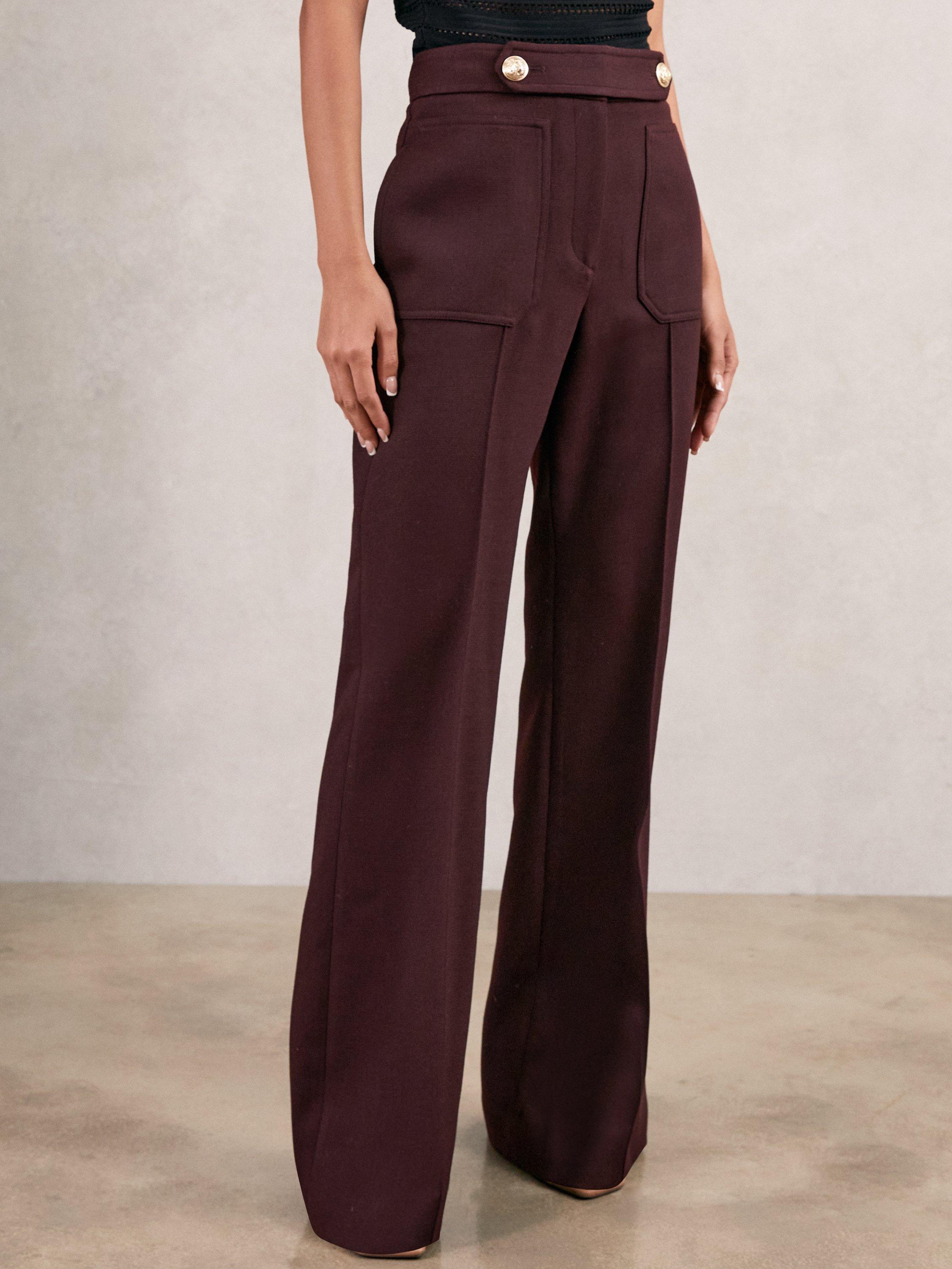 Product image 4 of 5, which shows Reiss Lily Wool Blend Flared Trousers, Burgundy, 8R