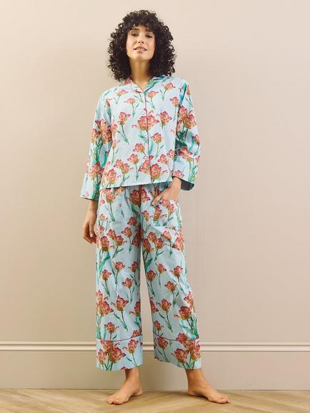Their Nibs Tulips Button Down Long Pyjama Set, Blue, Blue