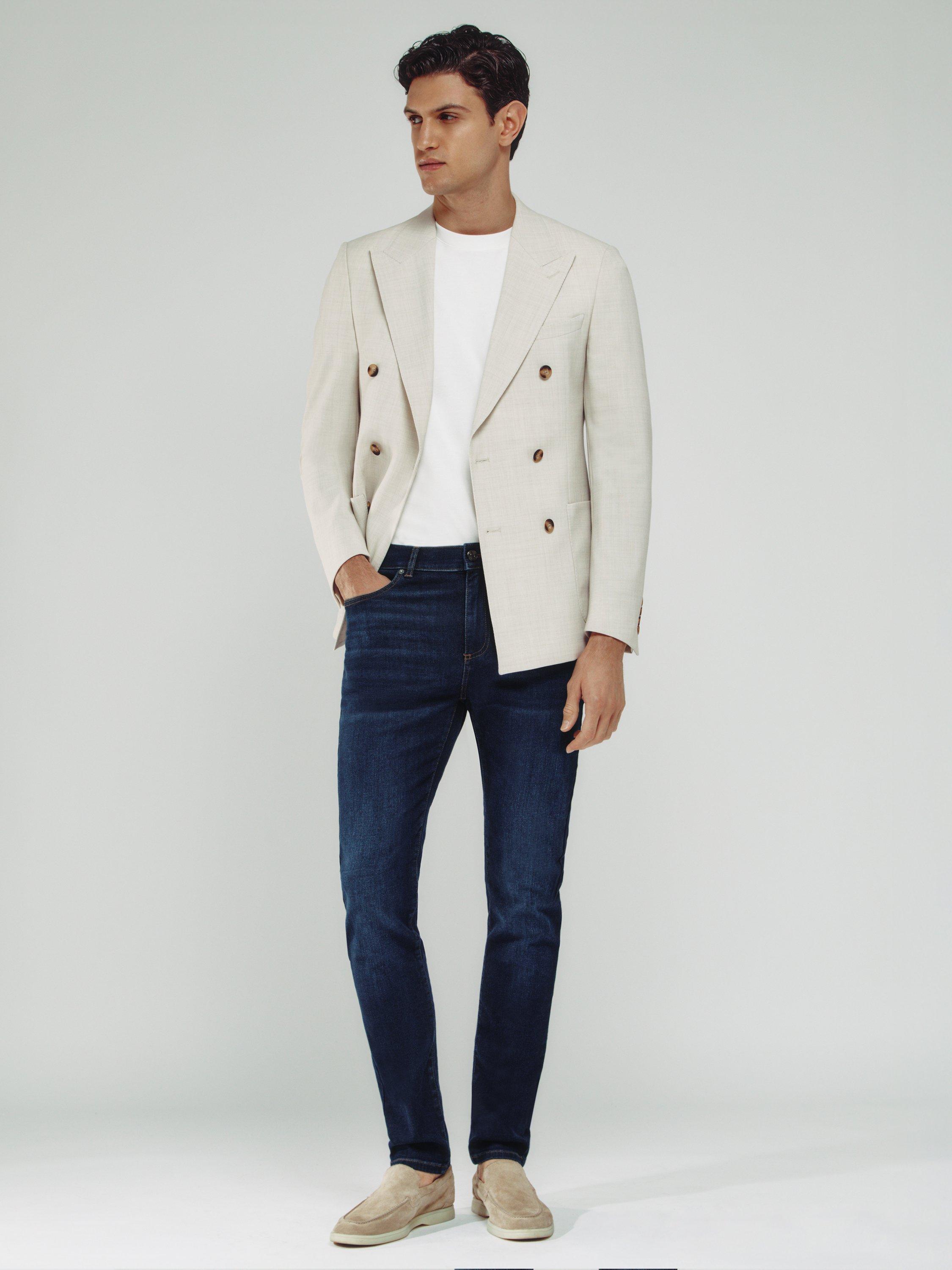 Product image 1 of 5, which shows Reiss Bleaker Slim Fit Washed Denim Jeans, Washed Dark Indigo, 28R