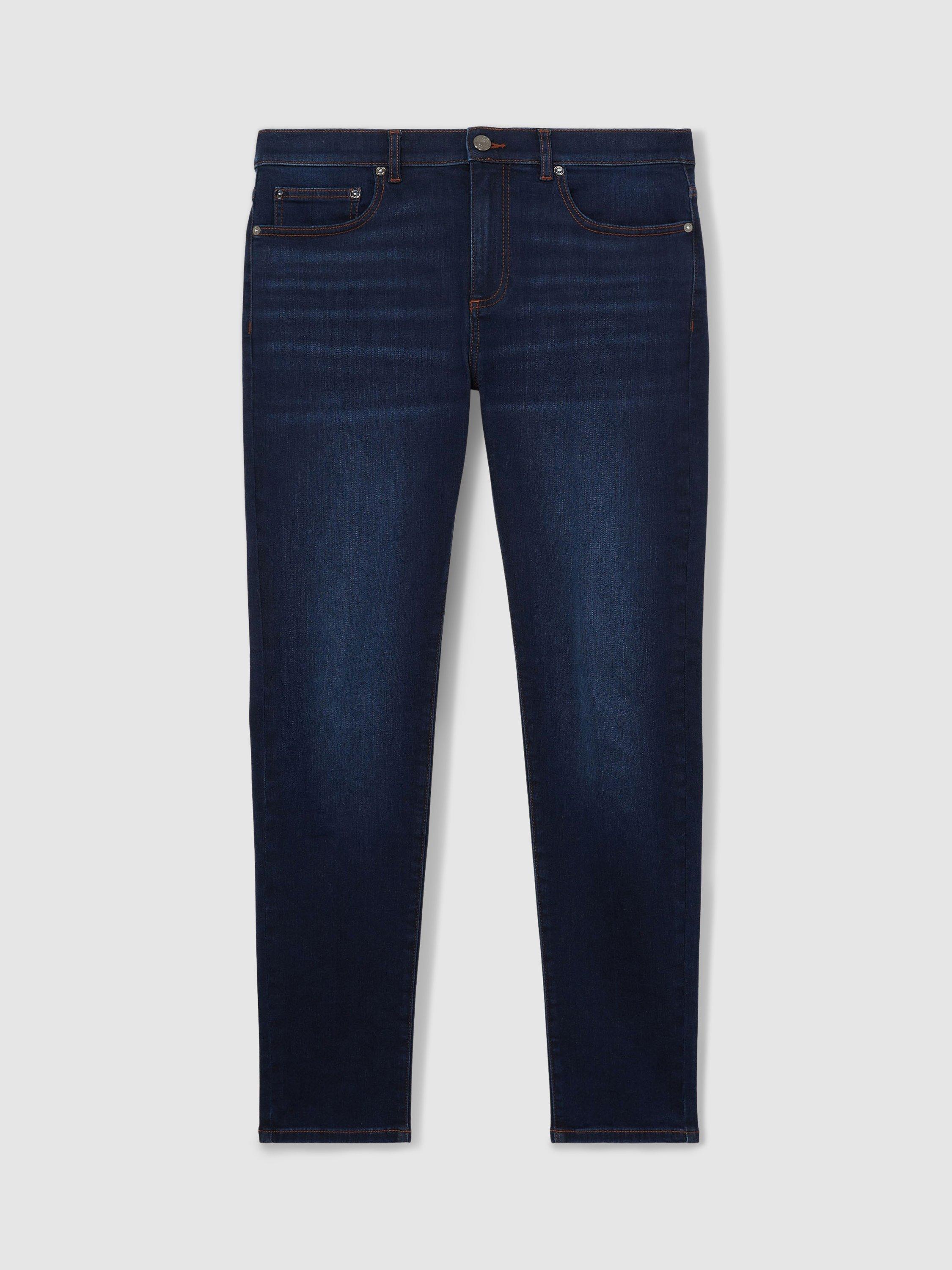 Product image 3 of 5, which shows Reiss Bleaker Slim Fit Washed Denim Jeans, Washed Dark Indigo, 28R