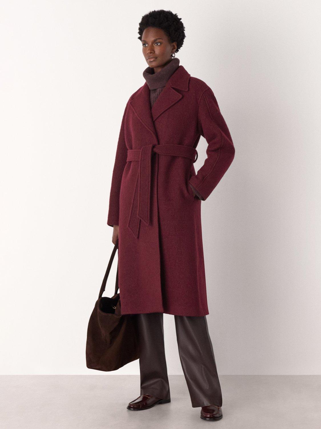 Product image 1 of 5, which shows Whistles Long Belted Pure Wool Coat, Burgundy, 8