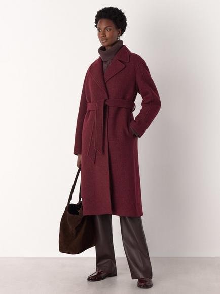 Whistles Long Belted Pure Wool Coat, Burgundy, Burgundy