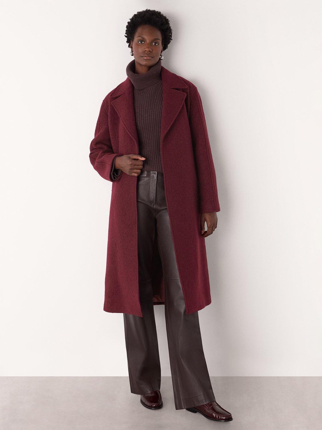 Product image 3 of 5, which shows Whistles Long Belted Pure Wool Coat, Burgundy, 8