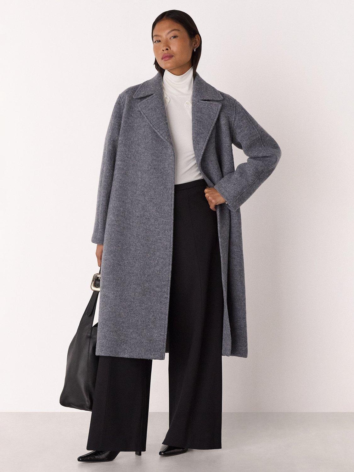 Product image 1 of 4, which shows Whistles Petite Long Belted Pure Wool Coat, Grey, 6