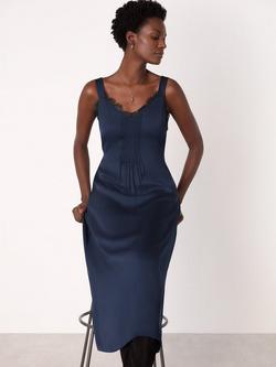 Whistles Crepe Lace Trim Cami Midi Dress, Navy/Multi, Navy/Multi