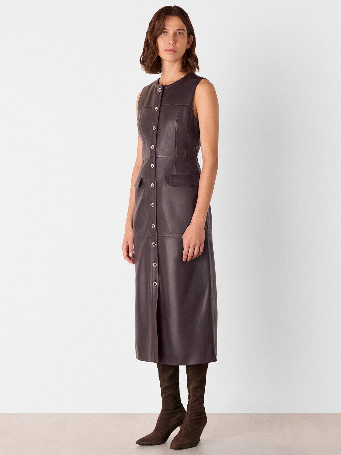 Product image 1 of 5, which shows Whistles Leather Shift Dress, Chocolate, 6
