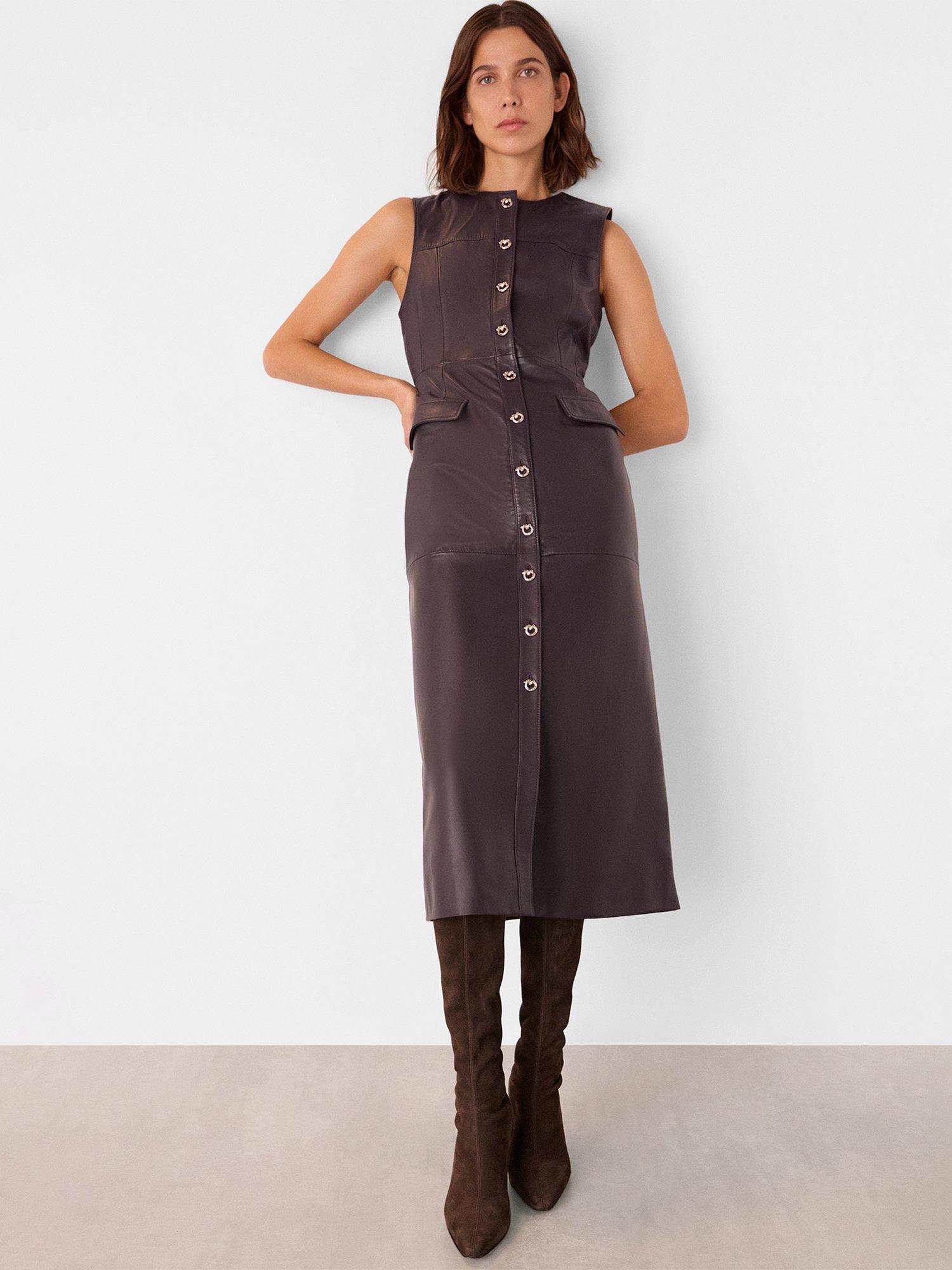 Product image 3 of 5, which shows Whistles Leather Shift Dress, Chocolate, 6