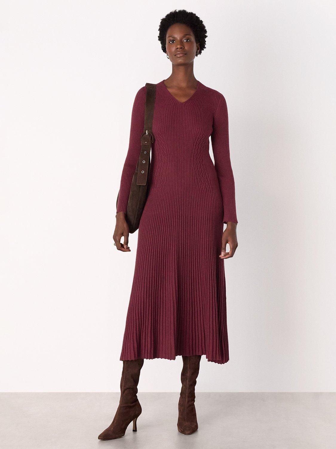 Whistles V-Neck Cable Ribbed Knit Long Sleeve Midi Dress