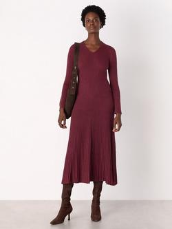 Whistles V-Neck Cable Ribbed Knit Long Sleeve Midi Dress, Burgundy