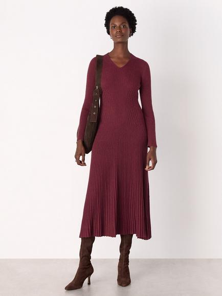 Whistles V-Neck Cable Ribbed Knit Long Sleeve Midi Dress, Burgundy