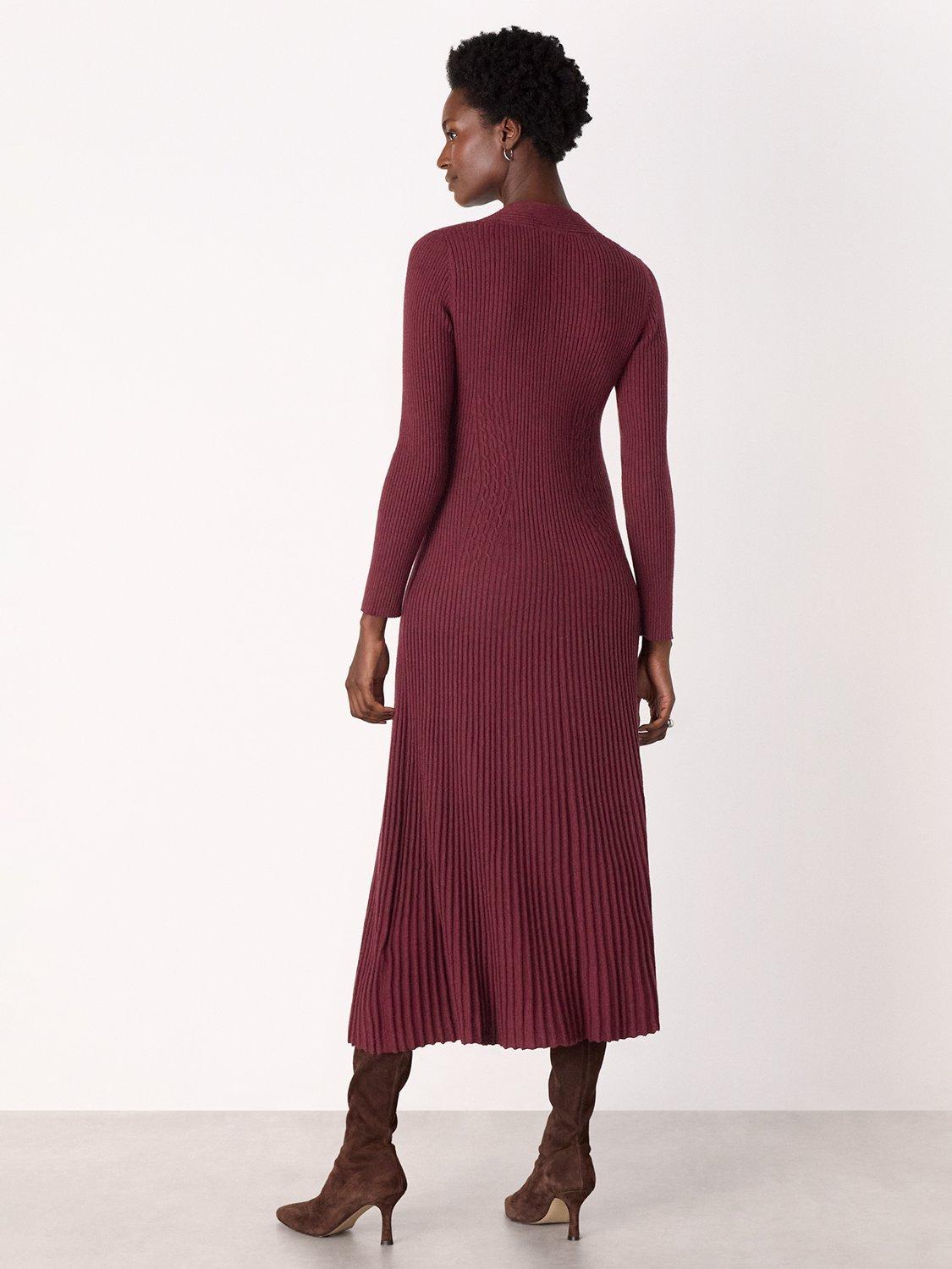 Whistles V-Neck Cable Ribbed Knit Long Sleeve Midi Dress
